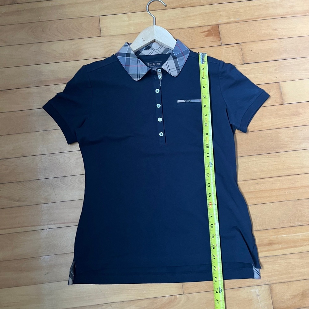 Barbour Womens Navy Blue Dress Tartan Trim Pique Polo Shirt Short Sleeve - Picture 3 of 7